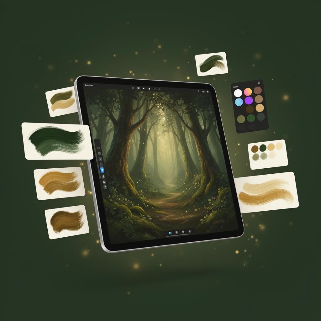 iPad showing a magical forest illustration in Procreate with brush previews and color palettes