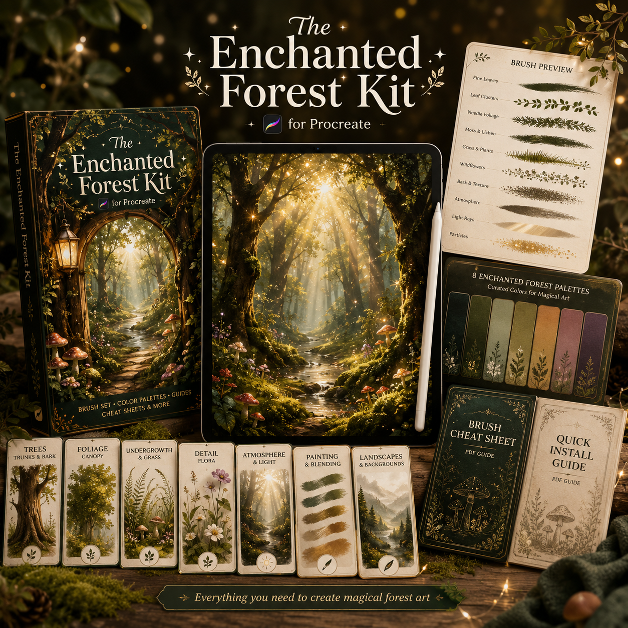 The Enchanted Forest Kit for Procreate — full bundle showing brushes, palettes, cheat sheet and install guide